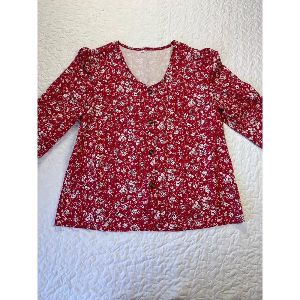 Red Floral Print Casal Button Up Crop Sleeve Blouse size large